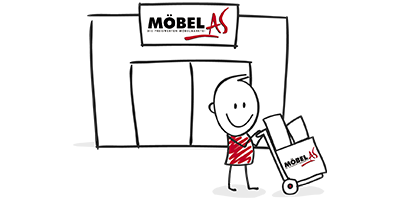 Unsere Möbel AS Filiale- Emoji von einem Junge, der mit einem Einkaufswagen vom Laden rauskommt